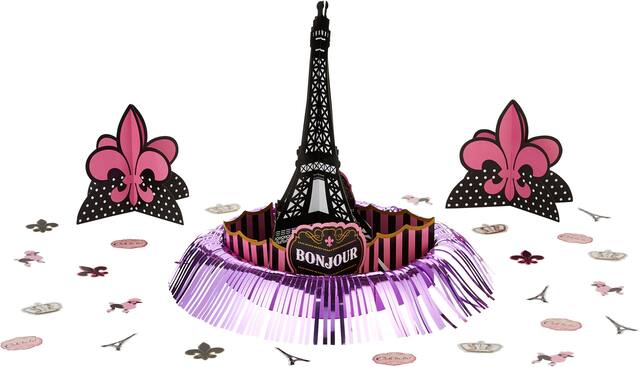 A Day in Paris "Bonjour" Eiffel Tower Table Decorating Kit Centerpieces with Confetti, Pink/Black, 14-in, 23-pk, for Birthday Party Composite_or_Mixed
