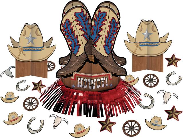 Western Boot Table Decorating Kit Centerpieces with Confetti, Brown, 12-in, 23-pk, for Cowboy/Western Party Front_Flat