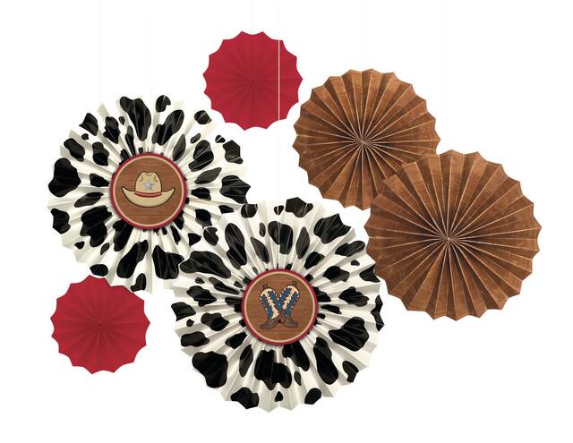 Western Fan Hanging Sign Decorations, Brown, 16-in, 6-pk, for Cowboy/Western Party Front_Flat