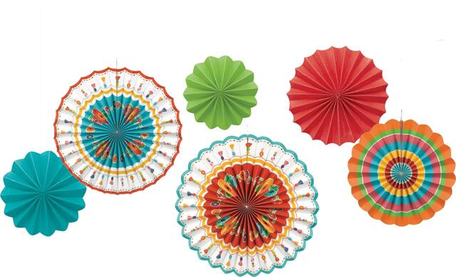 Fiesta Fan Hanging Sign Decorations, Multi-Coloured, 16-in, 6-pk, for Cinco de Mayo/Fiesta/Summer Party Front_Flat