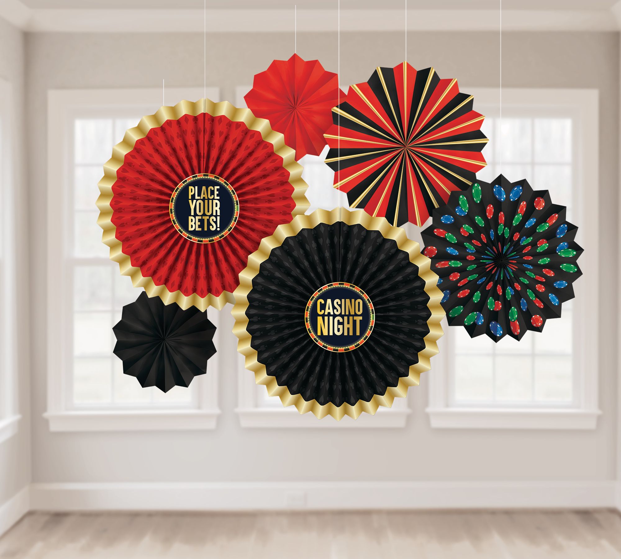 Roll the Dice "Casino Night" Fan Hanging Sign Decorations, Red/Black/Gold, 16-in, 6-pk, for Game Night/Vegas/Birthday Party Front_Flat