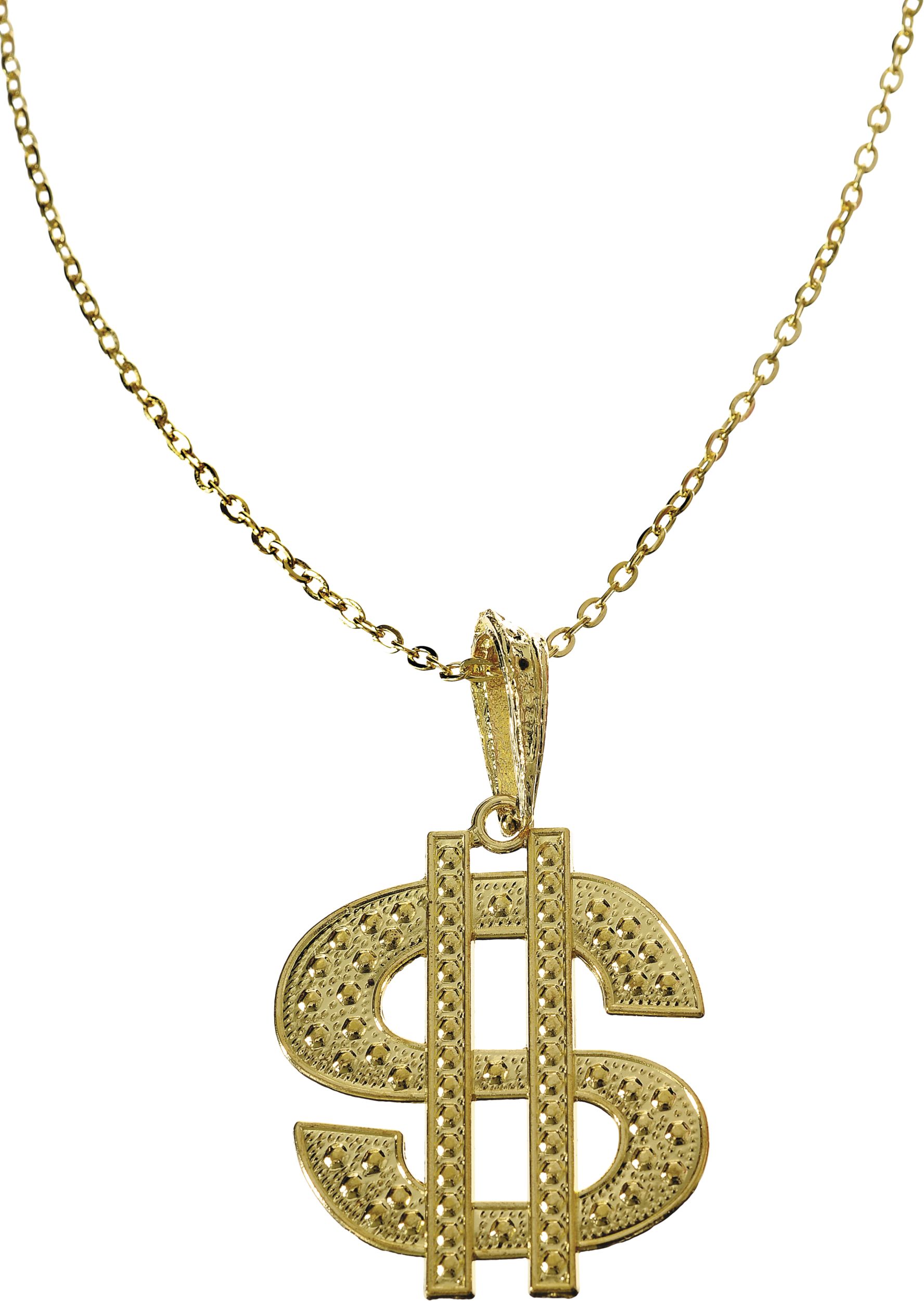 1990s Glitter Dollar Sign Necklace Jewelry, Gold/Silver, 34-in, Wearable Costume Accessory for Halloween CloseUp