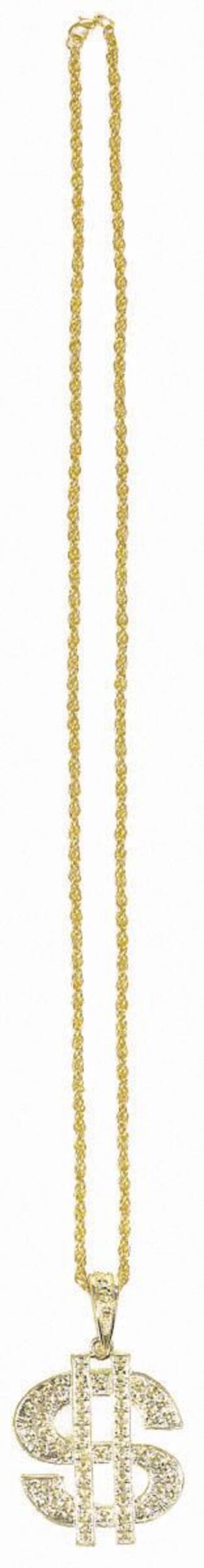 1990s Glitter Dollar Sign Necklace Jewelry, Gold/Silver, 34-in, Wearable Costume Accessory for Halloween Front_Flat