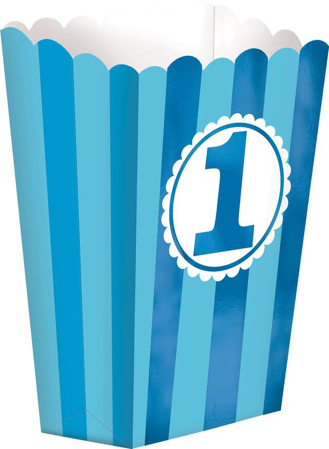 Boîtes à maïs soufflé à rayures, 1er anniversaire, bleu, paq. 5 Front_Angled_Right