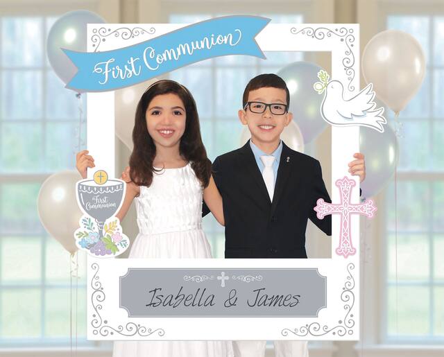 "First Communion" DIY Customizable Photo Frame Decoration, Silver/Pink/Blue, 35-in, for First Communion Front_Flat
