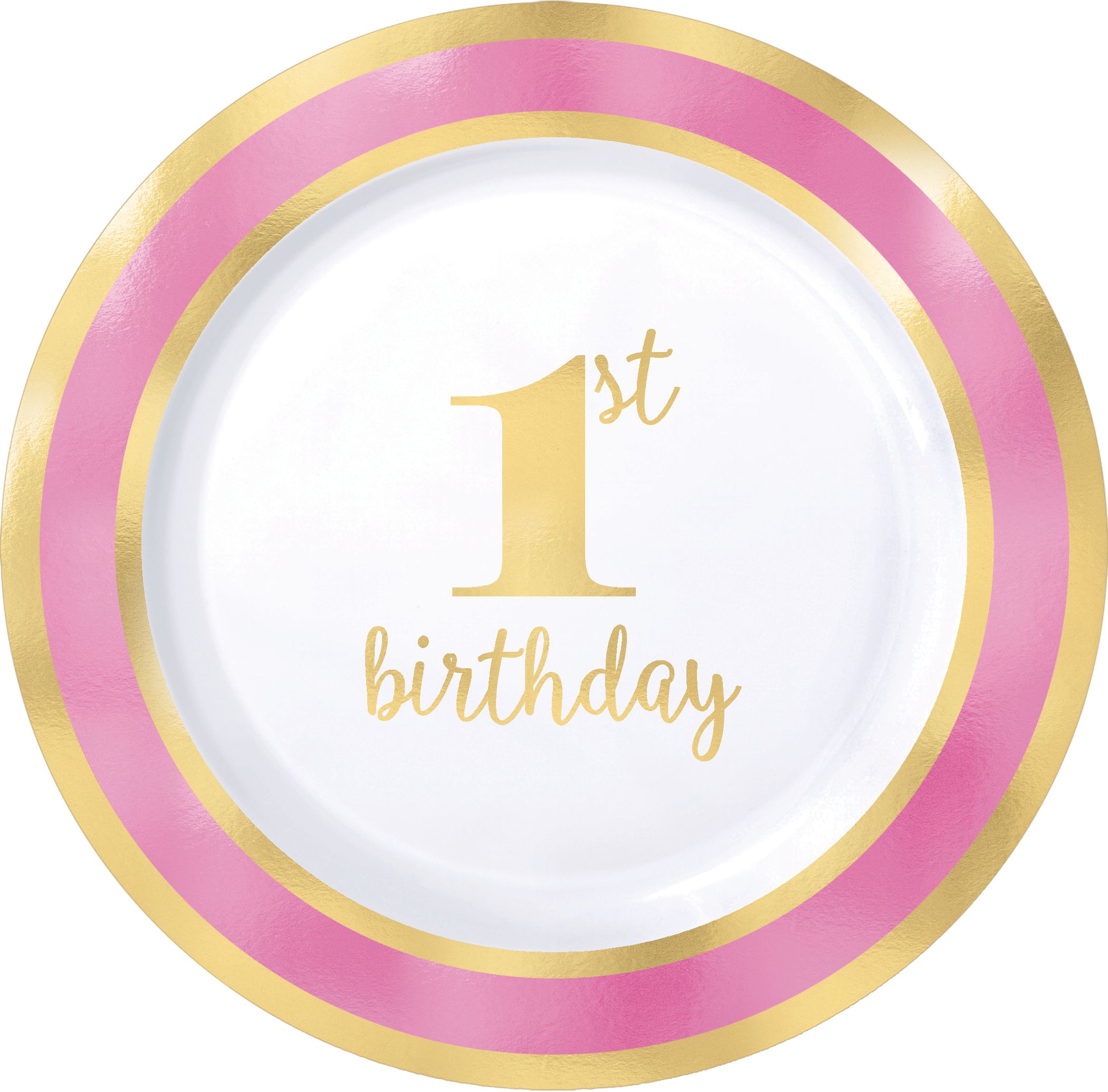1st Birthday Premium Plastic Dessert Plates, Metallic Pink/Gold, 10-pk Overhead_Flat
