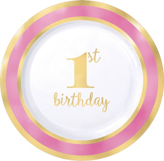 1st Birthday Premium Plastic Dessert Plates, Metallic Pink/Gold, 10-pk Overhead_Flat