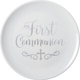 "First Communion" Round Plastic Reusable Platter, White/Silver, 14-in, for First Communion/Religious Party Front_Flat