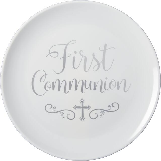 "First Communion" Round Plastic Reusable Platter, White/Silver, 14-in, for First Communion/Religious Party Front_Flat