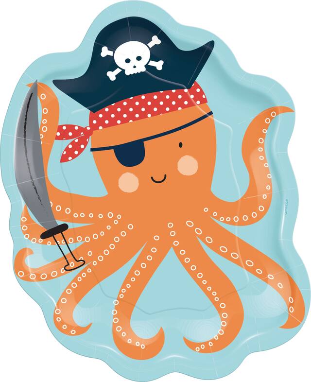 Assiettes à dessert jetables pour fête d'anniversaire, pieuvre pirate, paq. 8 Overhead_Flat