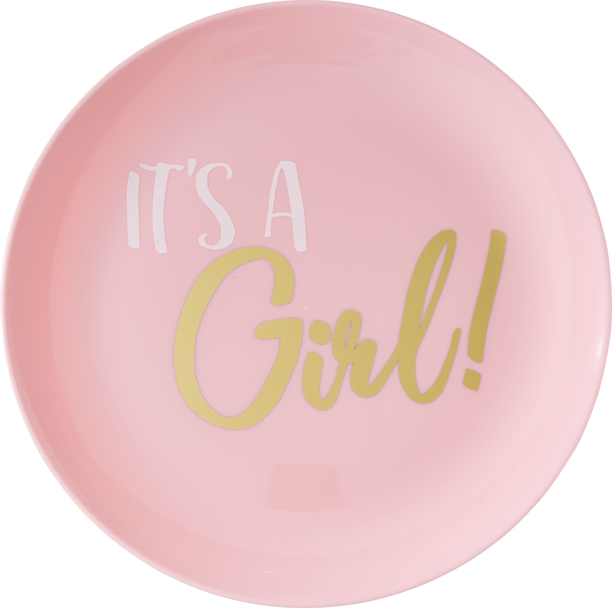 "It's a Girl" Round Plastic Reusable Lunch Plates, Pink, 7.5-in, 20-pk, for Gender Reveal/Baby Shower Overhead_Flat