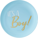"It's a Boy" Round Plastic Reusable Lunch Plates, Blue, 7.5-in, 20-pk, for Gender Reveal/Baby Shower Overhead_Flat