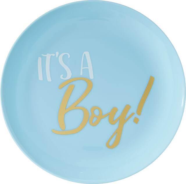 "It's a Boy" Round Plastic Reusable Lunch Plates, Blue, 7.5-in, 20-pk, for Gender Reveal/Baby Shower Overhead_Flat