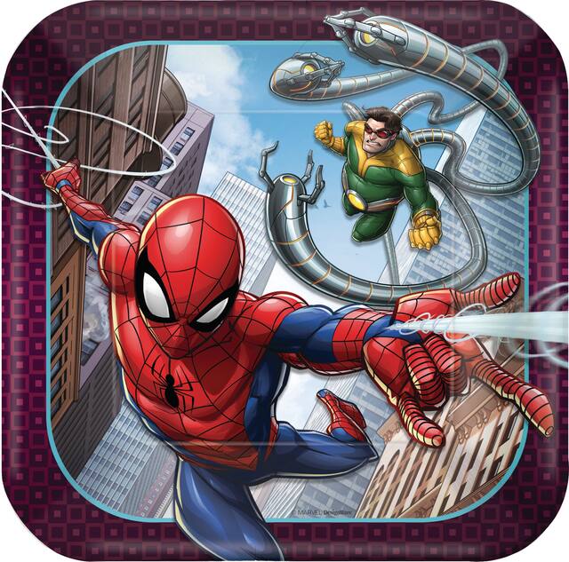 Disney Marvel Spider-Man Square Paper Disposable Dessert Plates, Red/Blue, 7-in, 8-pk, for Birthday Party Overhead_Flat