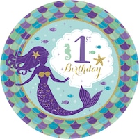Wishful Mermaid 1st Birthday Party Dessert Paper Plates, 7-in, 8-pc Overhead_Flat
