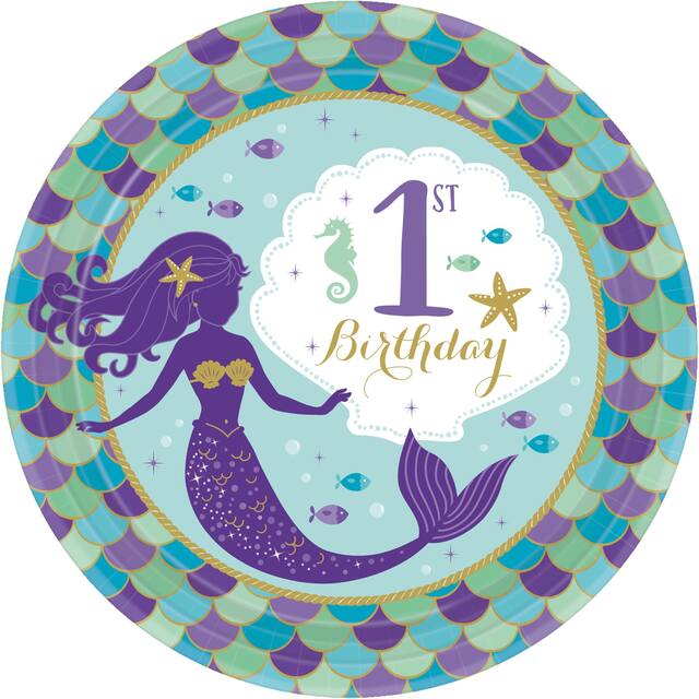 Wishful Mermaid 1st Birthday Party Dessert Paper Plates, 7-in, 8-pc Overhead_Flat