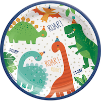Dino-Mite "Roar" Round Paper Disposable Dessert Plates, Green/White, 7-in, 8-pk, for Birthday Party Overhead_Flat
