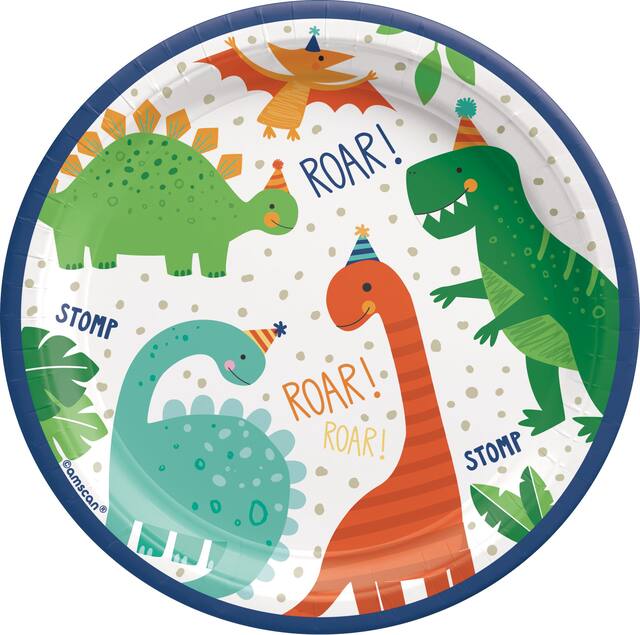 Dino-Mite "Roar" Round Paper Disposable Dessert Plates, Green/White, 7-in, 8-pk, for Birthday Party Overhead_Flat