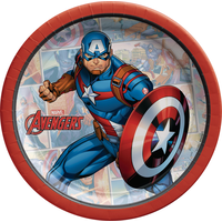 Disney Marvel Avengers Captain America Round Paper Disposable Dessert Plates, Red/Blue, 7-in, 8-pk, for Birthday Party Overhead_Flat