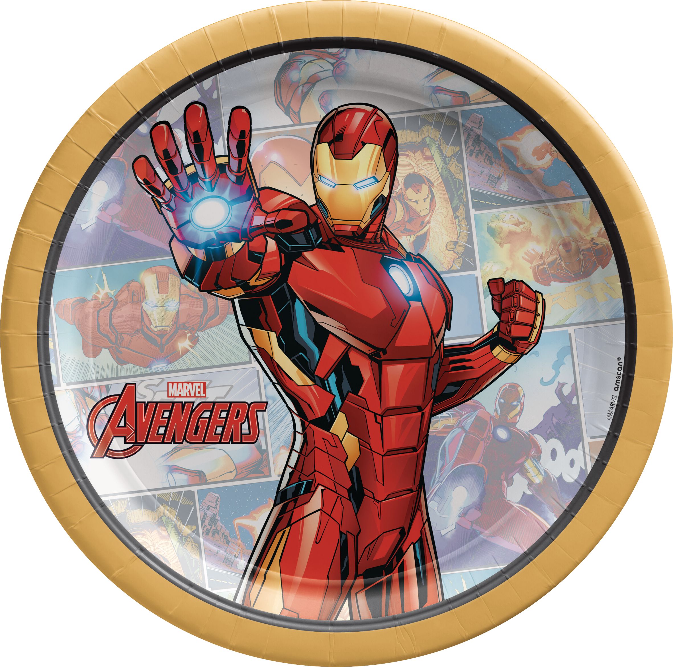 Disney Marvel Avengers Iron Man Round Paper Disposable Dessert Plates, Red/Gold, 7-in, 8-pk, for Birthday Party Overhead_Flat