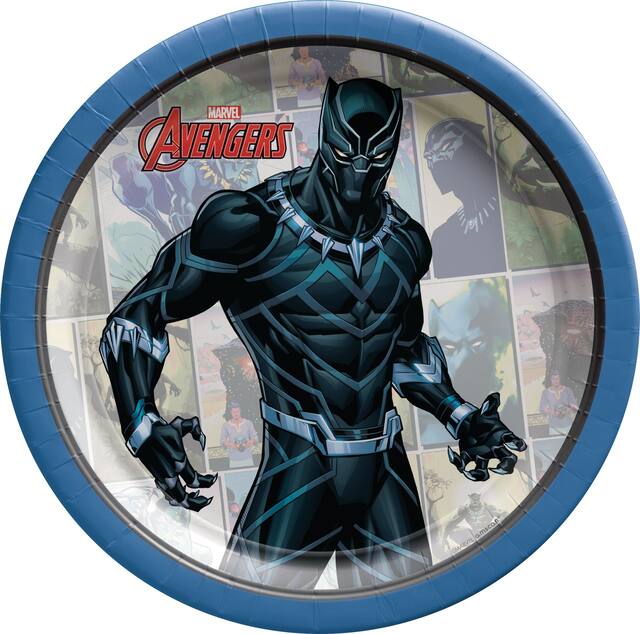 Disney Marvel Avengers Black Panther Round Paper Disposable Dessert Plates, Blue/Black, 7-in, 8-pk, for Birthday Party Overhead_Flat