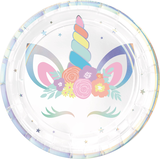 Unicorn Round Paper Disposable Dessert Plates, Iridescent/Silver, 7-in, 8-pk, for Birthday Party Overhead_Flat