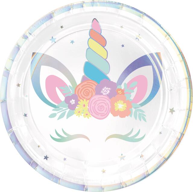 Unicorn Round Paper Disposable Dessert Plates, Iridescent/Silver, 7-in, 8-pk, for Birthday Party Overhead_Flat