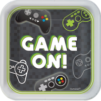 Level Up "Game On" Square Paper Disposable Dessert Plates, Black/Green, 7-in, 8-pk, for Birthday Party Overhead_Flat