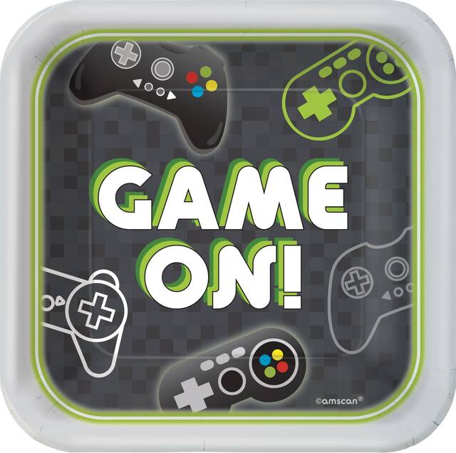 Level Up "Game On" Square Paper Disposable Dessert Plates, Black/Green, 7-in, 8-pk, for Birthday Party Overhead_Flat
