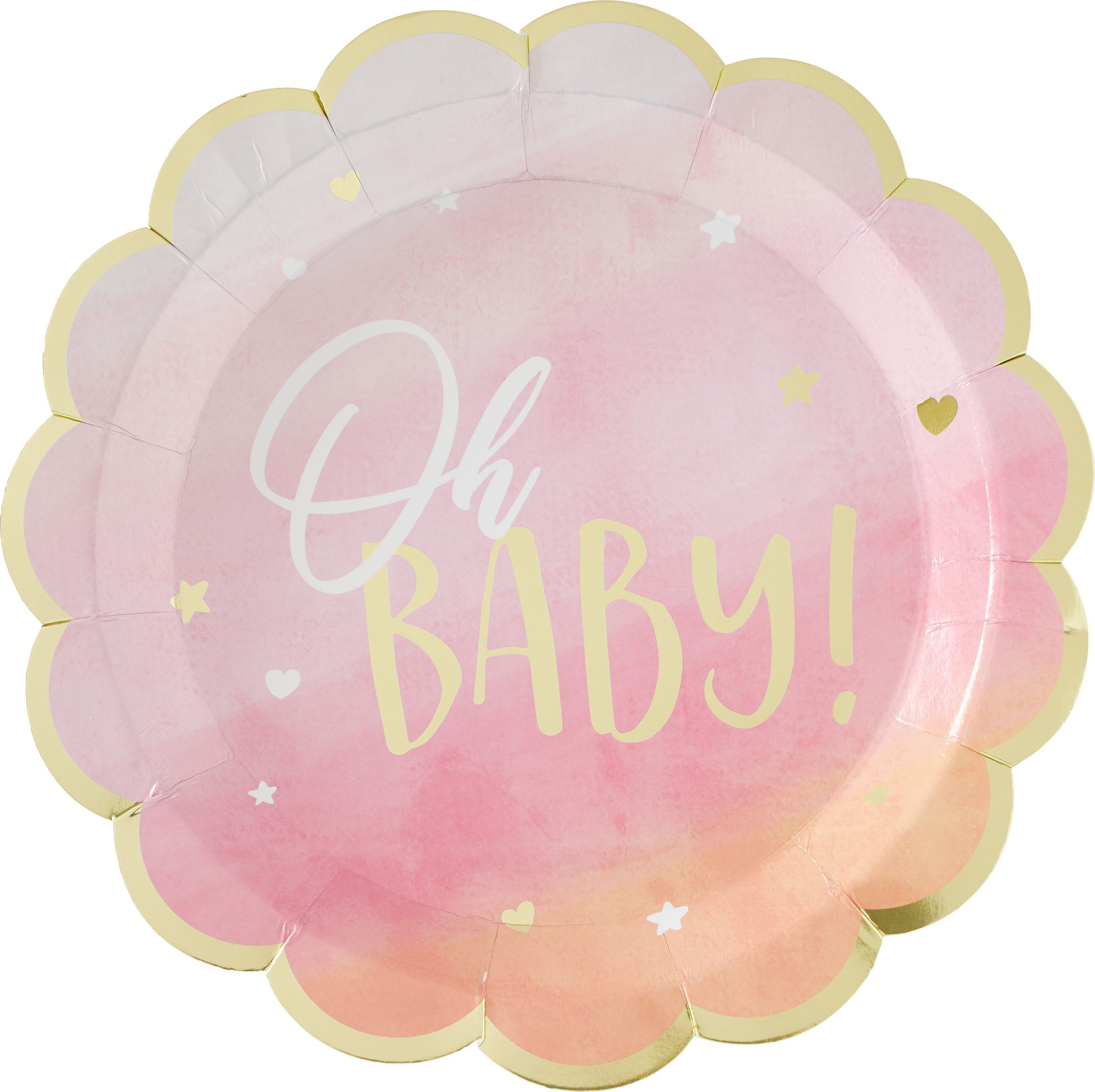"Oh Baby!" Scalloped Round Paper Disposable Dinner Plates, Pink/Gold, 10.5-in, 8-pk, for Baby Shower/Gender Reveal Overhead_Flat