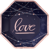 "Love" Hexagon Paper Disposable Dinner Plates, Navy/Rose Gold, 10-in, 8-pk, for Valentine's Day/Anniversary/Engagement Overhead_Flat