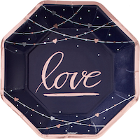 "Love" Hexagon Paper Disposable Dinner Plates, Navy/Rose Gold, 10-in, 8-pk, for Valentine's Day/Anniversary/Engagement Overhead_Flat
