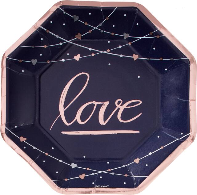 "Love" Hexagon Paper Disposable Dinner Plates, Navy/Rose Gold, 10-in, 8-pk, for Valentine's Day/Anniversary/Engagement Overhead_Flat