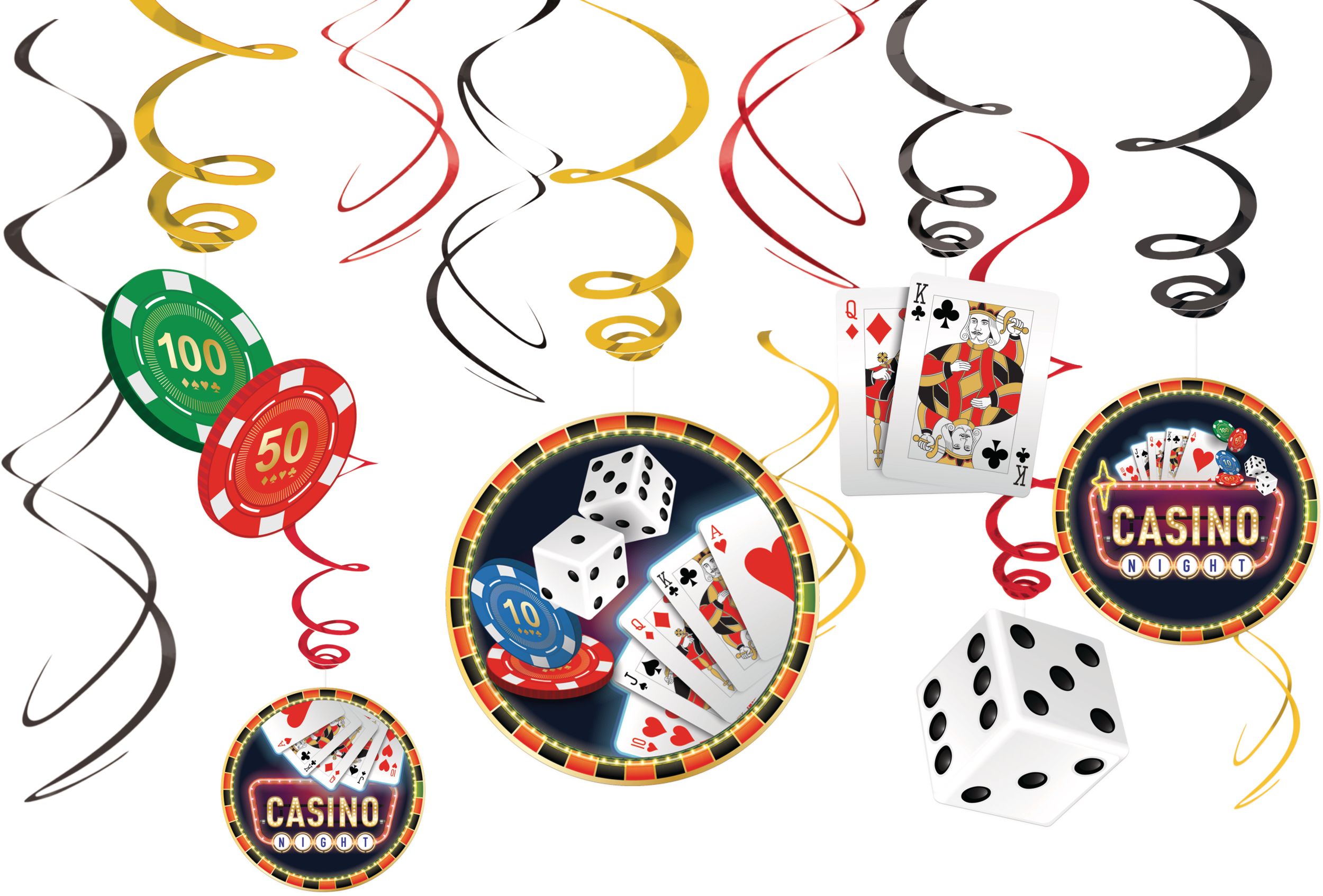 Roll the Dice "Casino Night" Swirl Hanging Decorations, Multi-Coloured, 10-in, 6-pk, for Game Night/Vegas/Birthday Party Front_Flat
