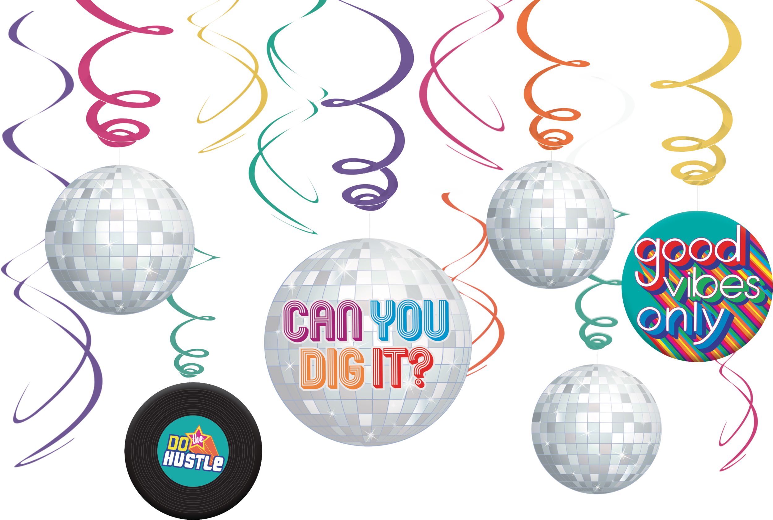 Good Vibes "Can You Dig It" Swirl Hanging Decorations, Multi-Coloured, 10-in, 6-pk, for Retro Decade Party Front_Flat
