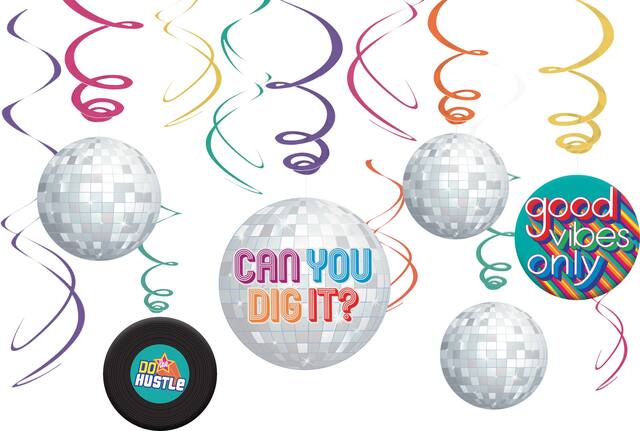Good Vibes "Can You Dig It" Swirl Hanging Decorations, Multi-Coloured, 10-in, 6-pk, for Retro Decade Party Front_Flat