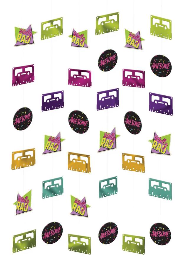 Awesome 80s "Totally Rad" String Hanging Decorations, Green/Purple, 7-ft, 6-pk, for Retro Decade Party Front_Flat