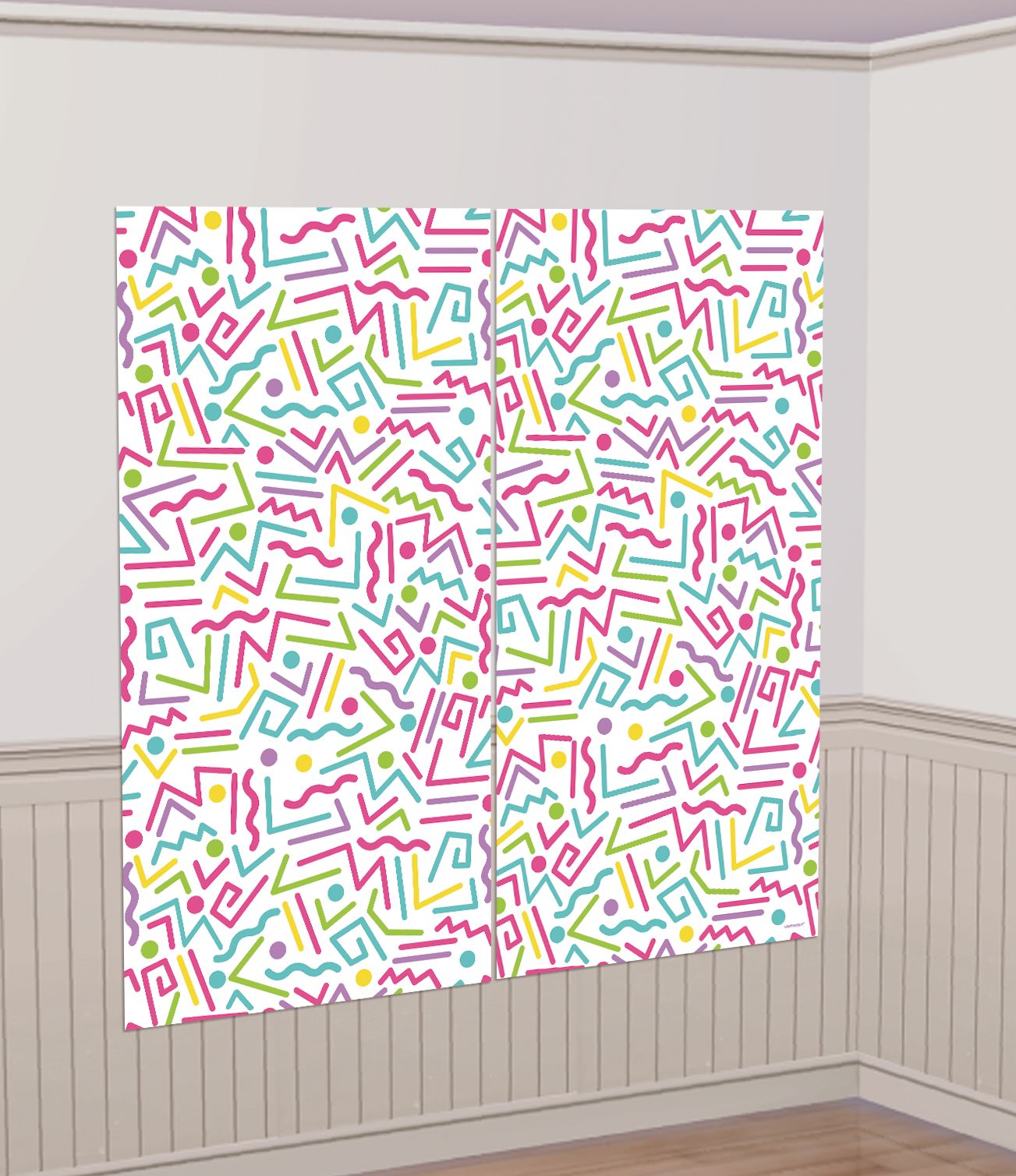 Awesome 80s Plastic Scene Setter Background Decoration with Photo Booth Props, White/Multi-Coloured, 65-in, 14-pk, for Halloween/Retro/Vintage Party Front_Angled_Right