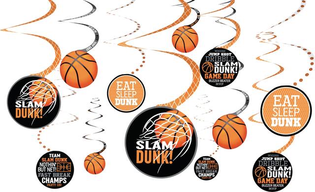 Basketball "Eat Sleep Dunk" Swirl Hanging Decorations, Orange/Black, 10-in, 12-pk, for Sports Party Front_Flat