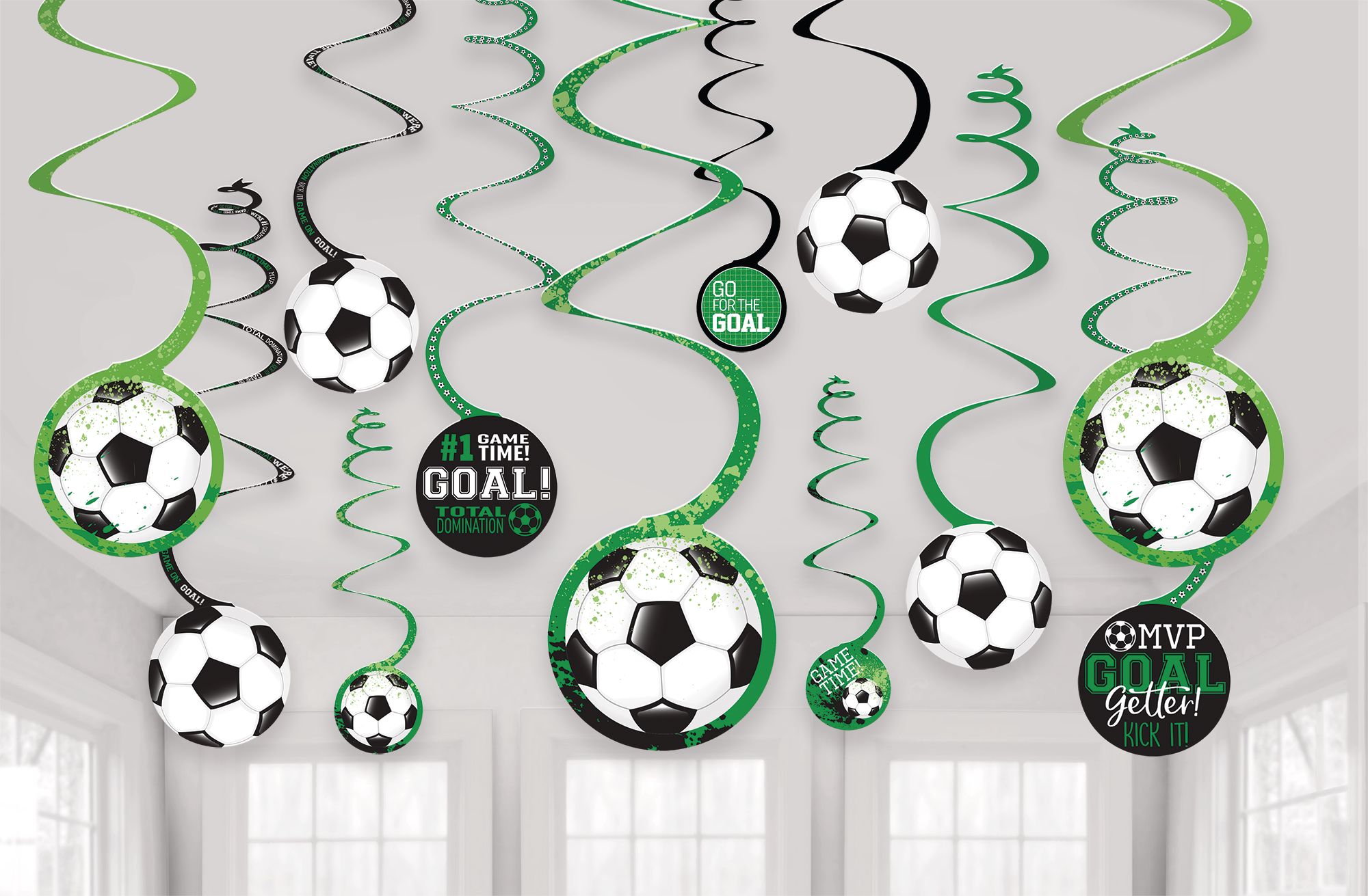 Soccer "Game Time Goal" Swirl Hanging Decorations, Green/White, 10-in, 12-pk, for Sports Party Front_Flat