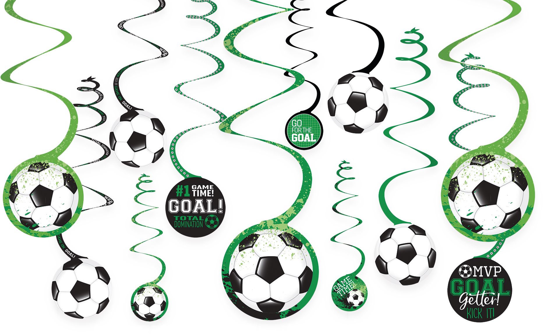 Soccer "Game Time Goal" Swirl Hanging Decorations, Green/White, 10-in, 12-pk, for Sports Party Front_Flat