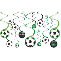 Soccer "Game Time Goal" Swirl Hanging Decorations, Green/White, 10-in, 12-pk, for Sports Party Front_Flat