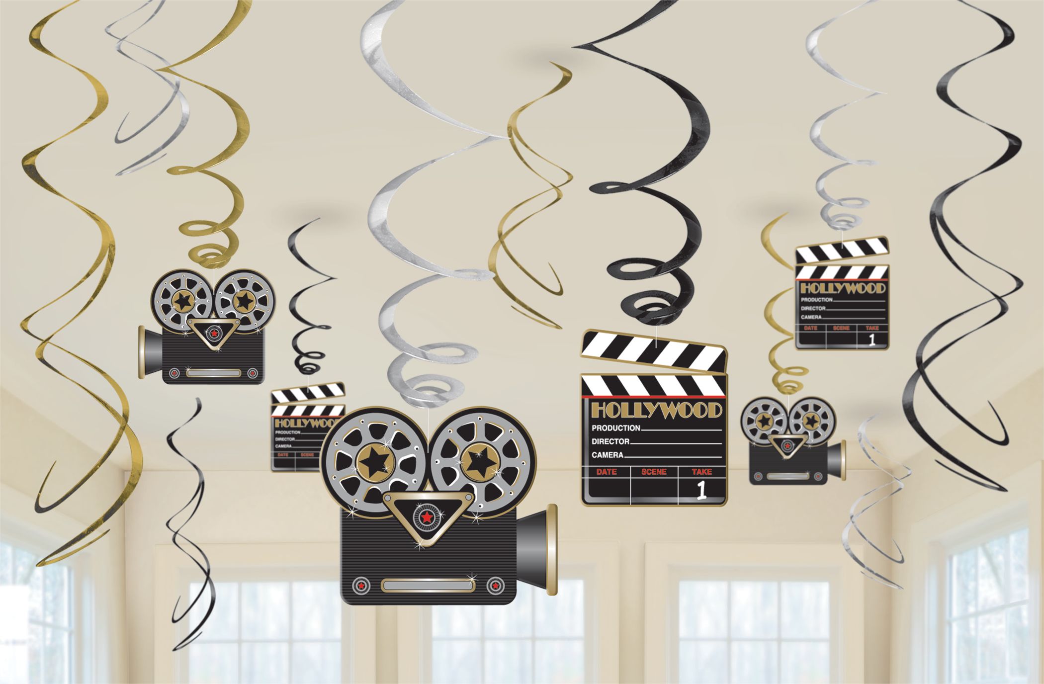 Awards Night "Hollywood" Clapboard Swirl Hanging Decorations, Silver/Gold/Black, 10-in, 6-pk, for Movie/Awards/Oscar Party Front_Flat