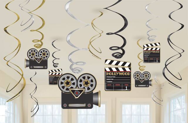 Awards Night "Hollywood" Clapboard Swirl Hanging Decorations, Silver/Gold/Black, 10-in, 6-pk, for Movie/Awards/Oscar Party Front_Flat