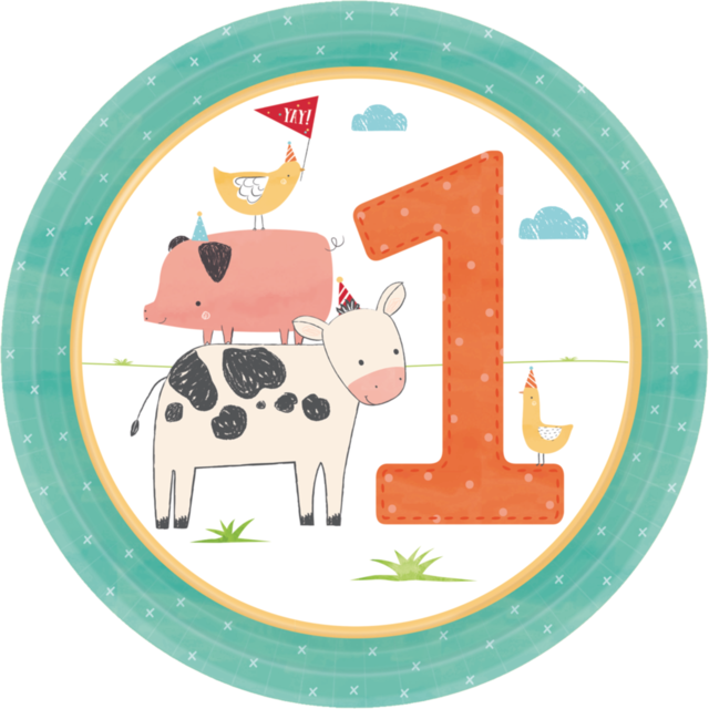 Friendly Farm 1st Birthday Small Disposable Dessert Paper Plates, 7-in, 8-pk Overhead_Flat