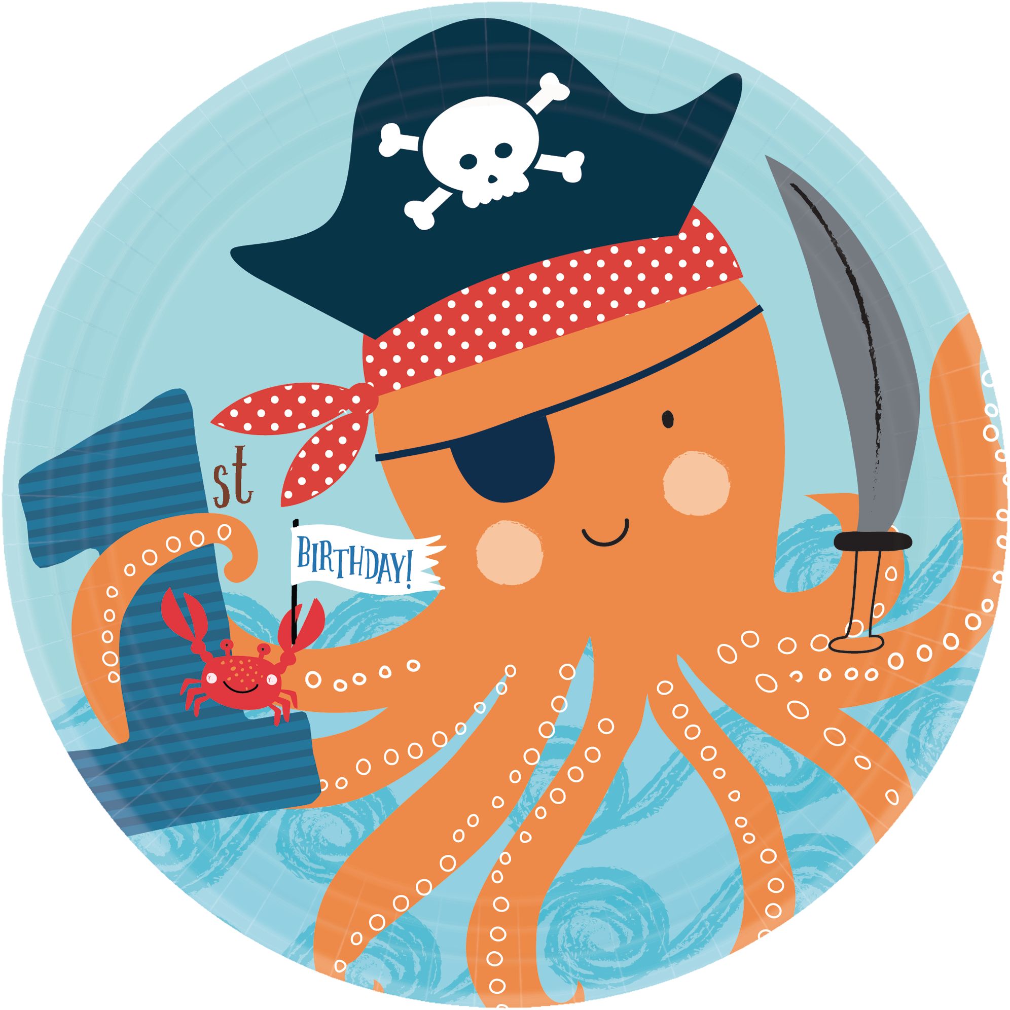 Pirate Shark 1st Birthday Party Dessert Plates, 7-in, 18-pc Overhead_Flat