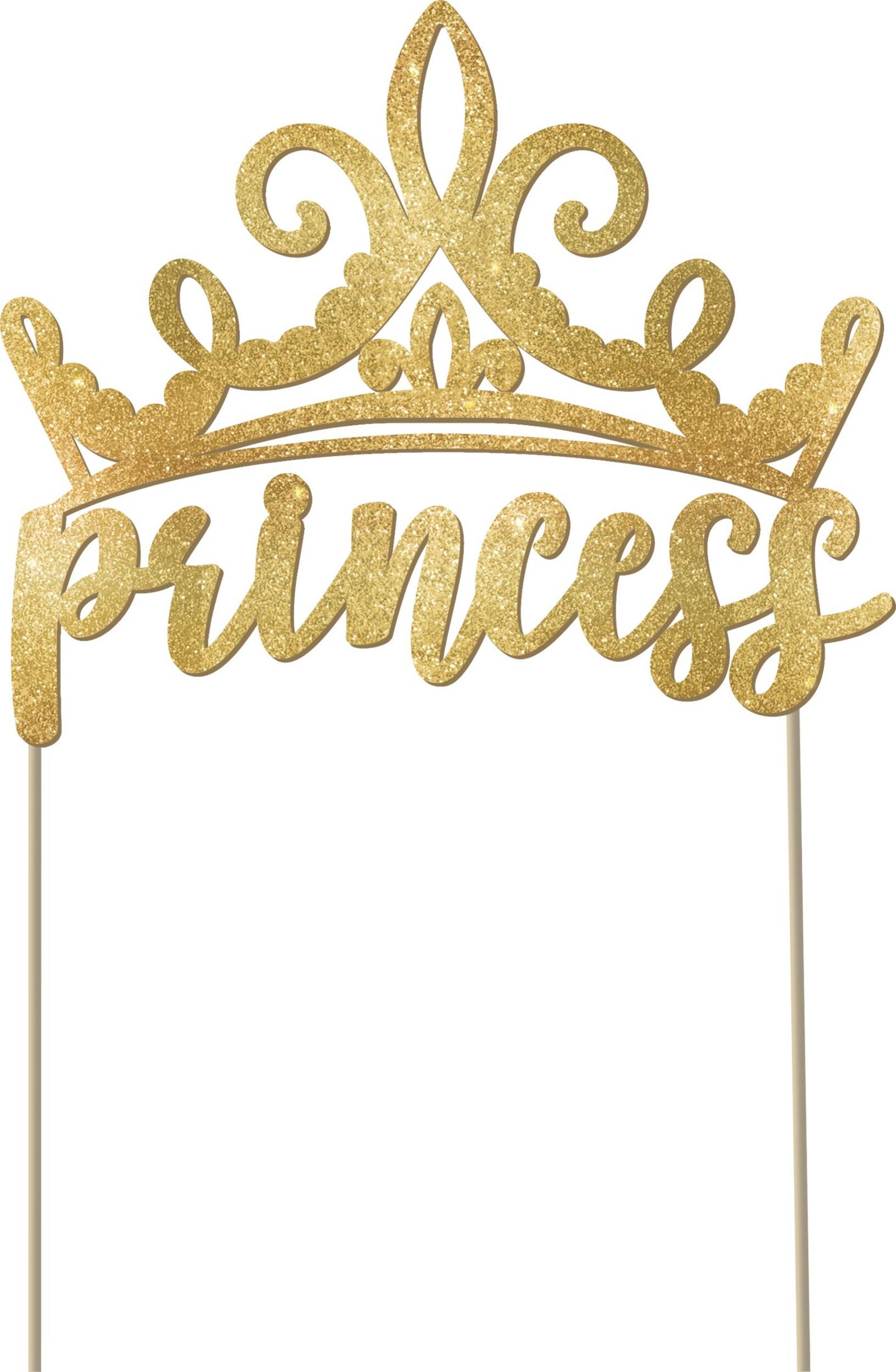 Disney Princess Once Upon A Time "Princess" Glitter Cake Treat Topper, Gold, 5-in, for Birthday Party Front_Flat