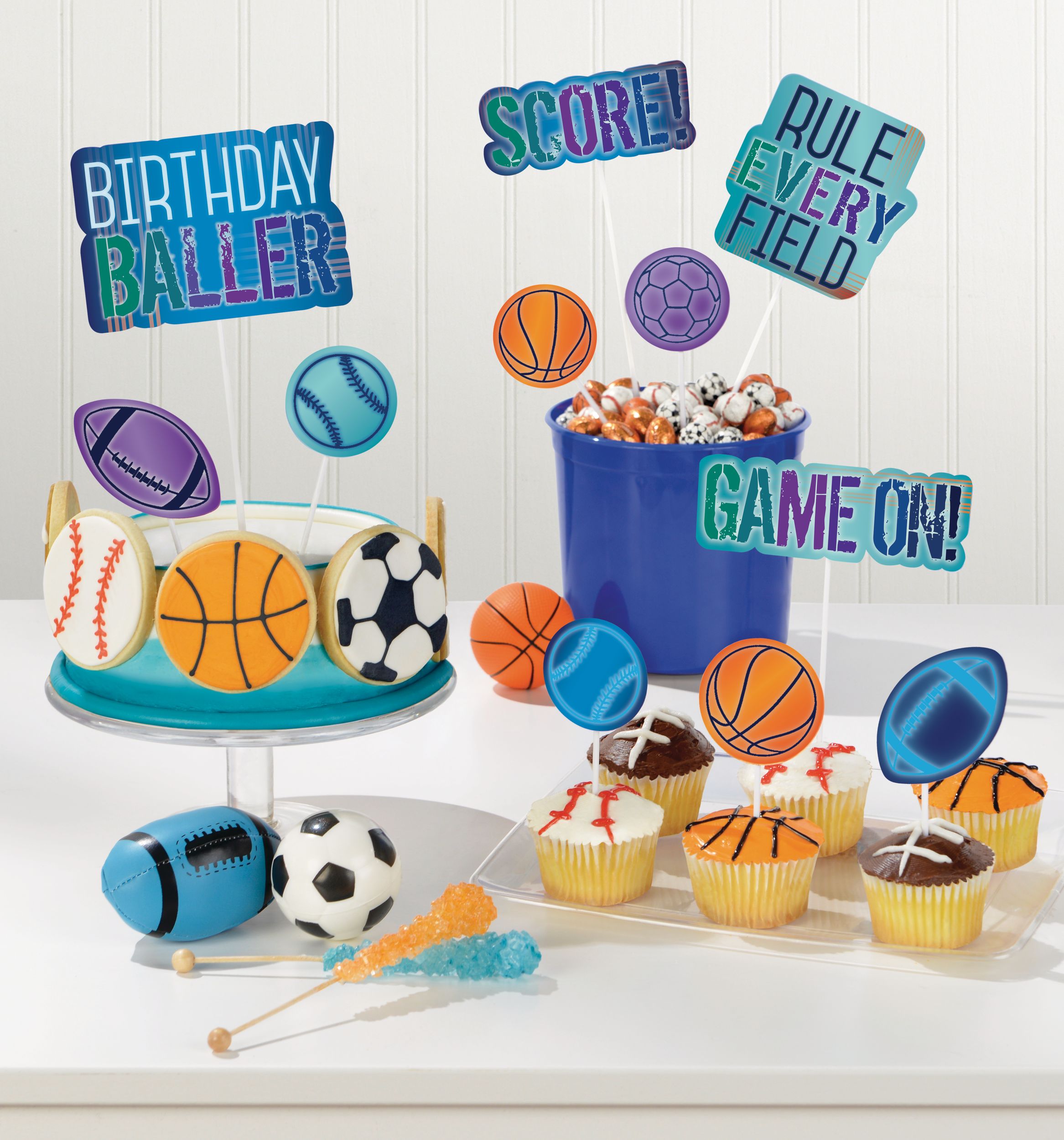 "Birthday Baller" Baseball/Football/Basketball/Soccer Cake Treat Toppers, Multi-Coloured, 12-pk, for Sports Party Composite_or_Mixed