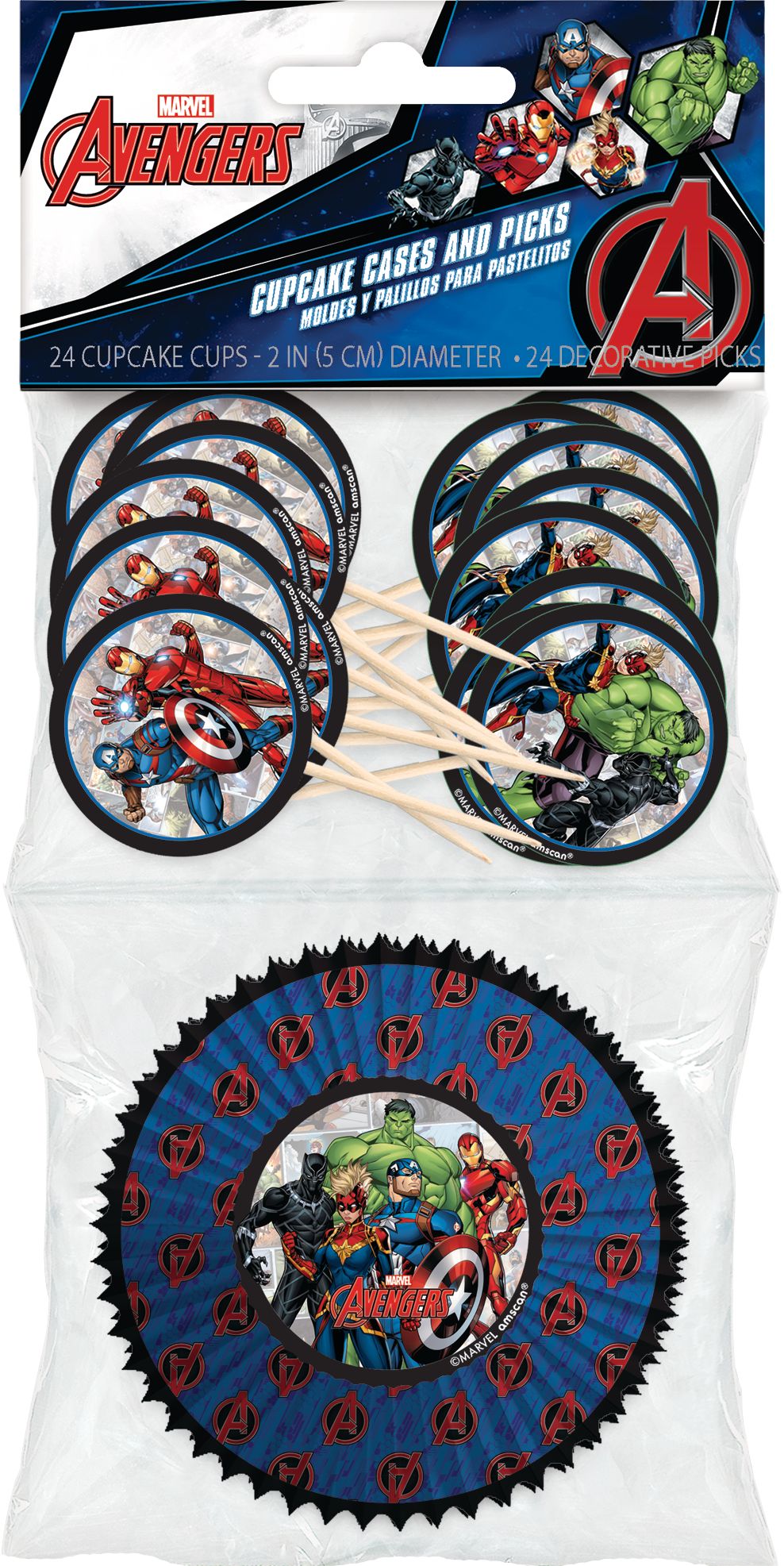 Disney Marvel Avengers Hulk/Black Panther/Iron Man Cupcake Decorating Kit with Baking Cups & Picks, Blue/Red, 2-in, 48-pk, for Birthday Party Front_Flat
