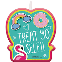 "Treat Yo Self" Wax Candle, Blue/Pink, 3-in, for Birthday Party Front_Flat